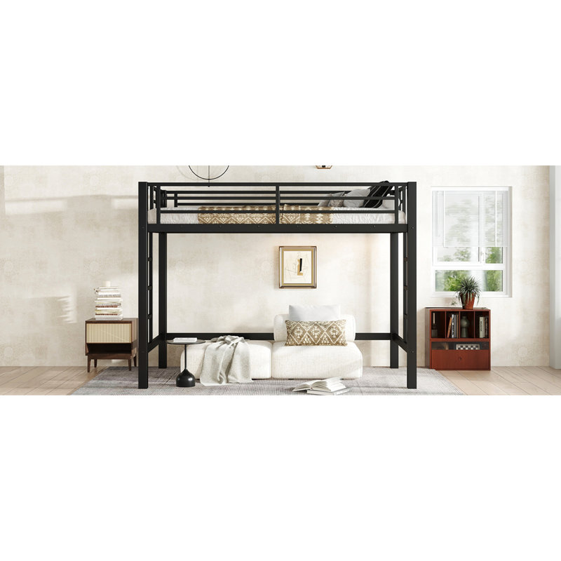 Lit mezzanine simple en métal noir avec échelle double, cadre et lit sécuritaire pour votre dortoir