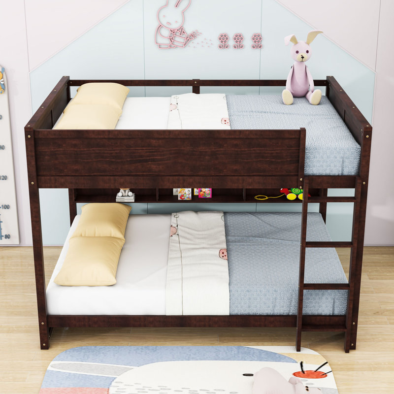 Queen Over Queen Bunk Bed With Shelves, Charging Station, Ladder & Guardrails, Brown