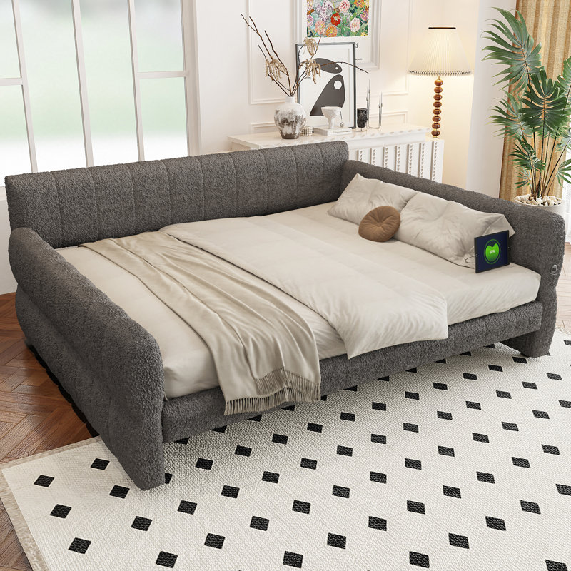 King Size Upholstered Platform Bed with USB Charging, Lambswool, Elegant Modern Bedroom Furniture,Gray, Gray