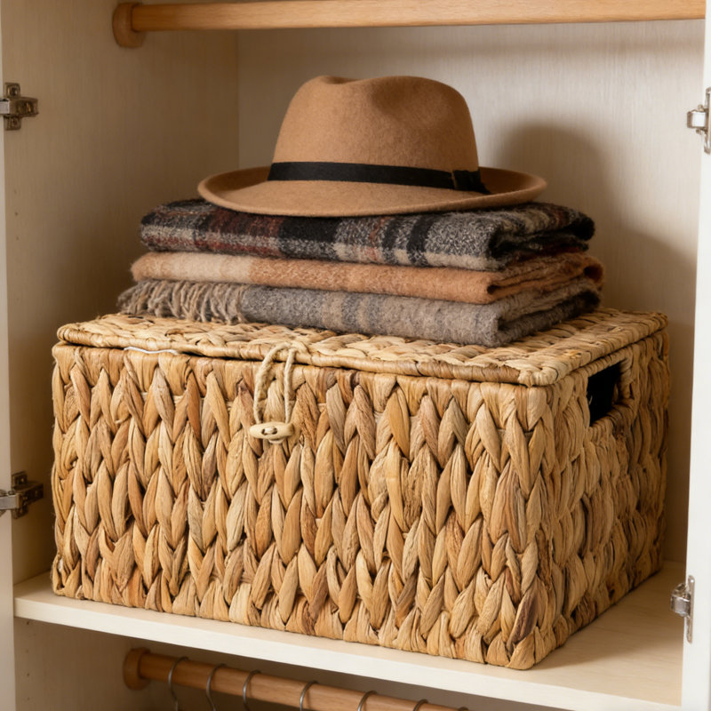 Handwoven Wicker Storage Basket with Flip-Open Lid, Large Basket for Bathroom, Living Room, Nursery, Water Hyacinth