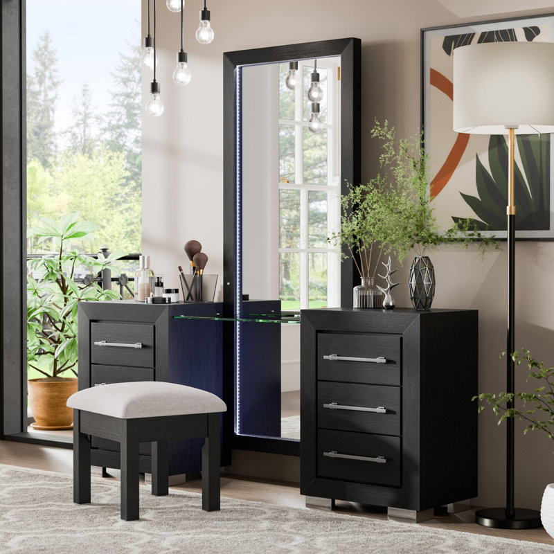 Ensemble de meuble-lavabo contemporain 69 po avec tabouret, noir