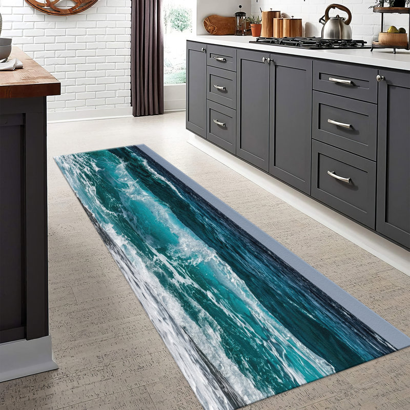 Soft Non-Woven Printed Rug Featuring Elegant Swirl Designs in Diverse Shades of Blue and Beige for a Cozy Contemporary Home Decor