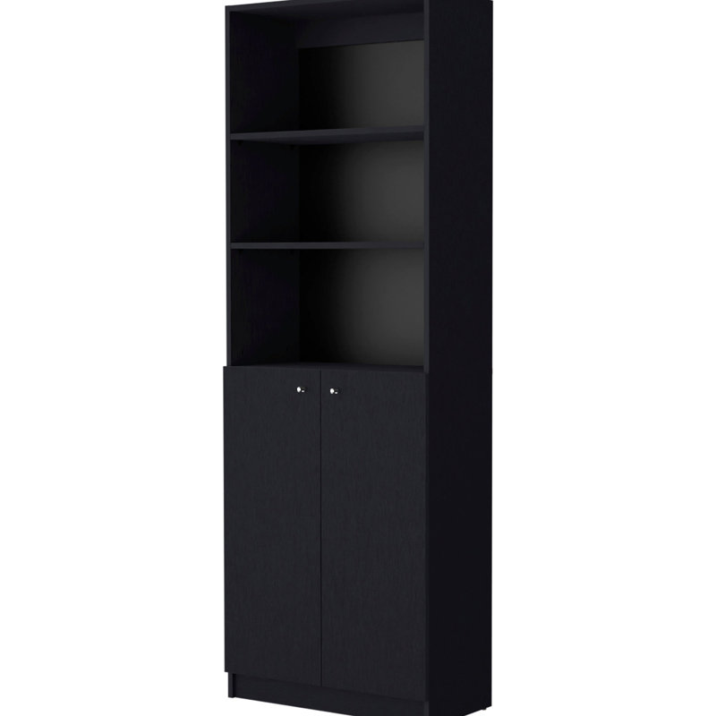 Élégante bibliothèque noire à 2 portes avec tablettes dissimulées et ouvertes pour la décoration intérieure