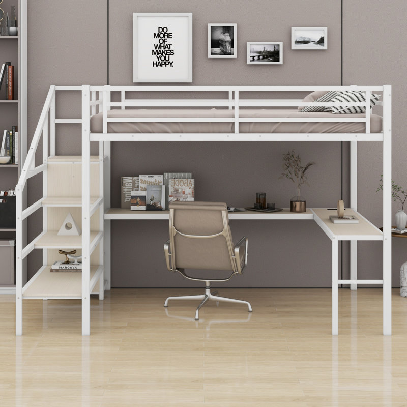 Loft Bed With L-Shaped Desk And USB,Wardrobe,Shelf,And LED