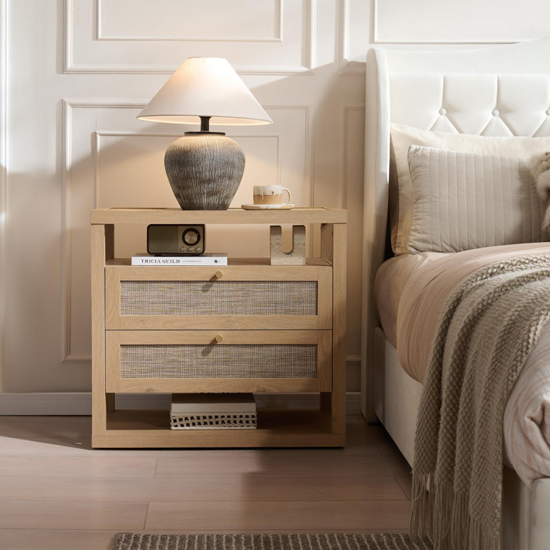 2 - Drawer Natural Oak Rattan Boho Bedside Tables ,Set 2 Large Nightstand with Open Shelving, Natural Oak