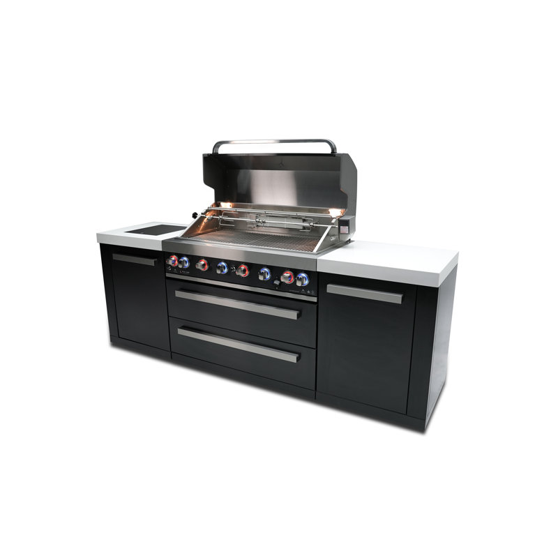 Îlot de cuisine extérieur modulaire de qualité supérieure l 119 po x P 23 po x H 46 po + brûleur latéral + gril latéral à 6 brûleurs de 44 po + comptoirs en granit blanc + armoires et tiroirs de rangement + rôtissoire + couvercle + convertible au gaz naturel Mont Alpi + Garantie à vie