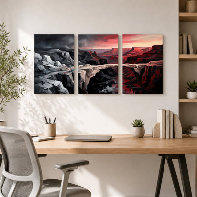 «Red and Gray Canyon Rock Bridge», ensemble de 3 peintures à l'huile sur toile