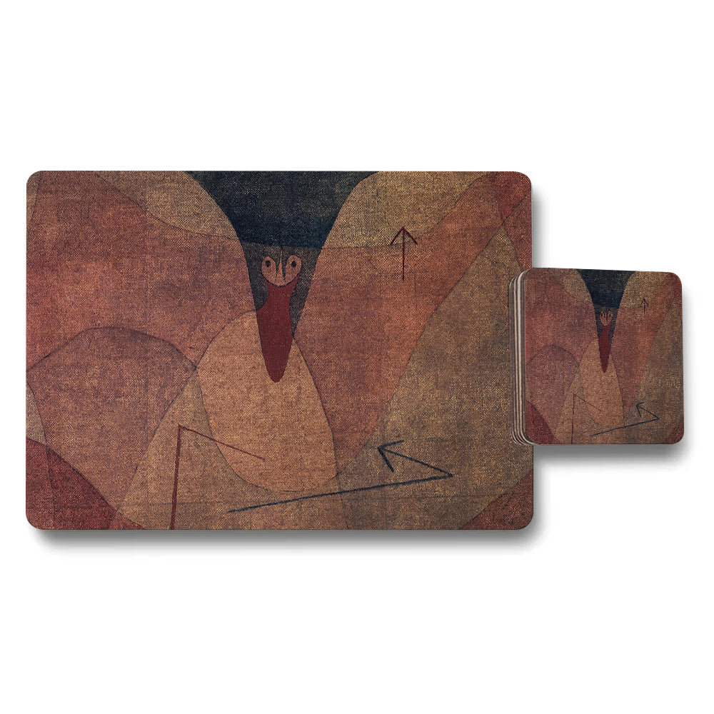 Abstract Warm Tone Placemat And Coaster Set With Bird Motif