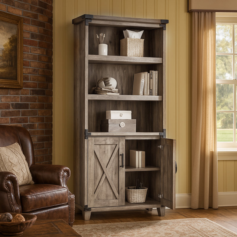 Bibliothèque rustique 67 "avec armoire de rangement et portes de grange, bibliothèque rustique à 5 niveaux avec tablettes réglables pour le salon, le bureau, la chambre à coucher