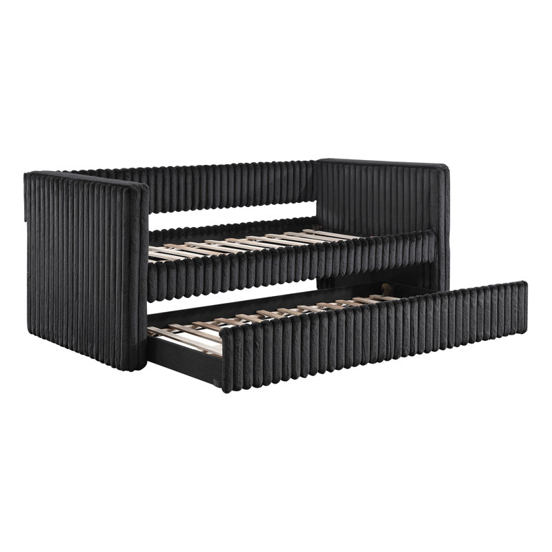 Contemporary Luxury Twin Daybed And Trundle, Black Corduroy Upholstery, Construction, For Movement, No Box Spring Featuring Corduroy, Trundle With , Spring, Comfortable