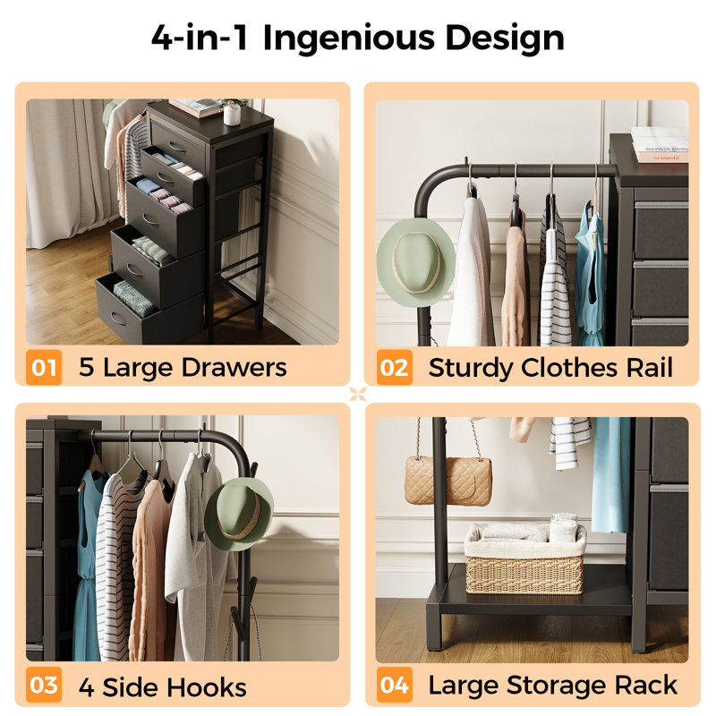 Dresser with Hanging Rack,Extra Large Capacity Drawers with Huge Storage Space, Reversible Dresser for Bedroom with 5 Fabric Drawers & 2 Coat Racks Small Dressers with Clothes Racks,Lockers,Storage Cabinets,Storage Bins,Wardrobe