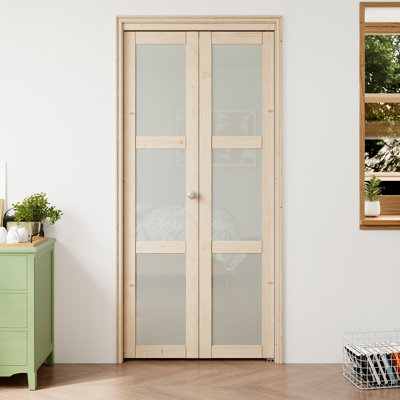 Pine Wood Unfinished 3 Lite Glass Bi-Fold Door With Hardware Kit(pantry,closet)