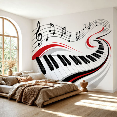Wall Mural Peel and Stick Wallpaper Piano keyboard Piano keyboard notes musical notes waves Self-Adhesive Removable Contact Paper Wall Decor for Living Room Bedroom 69"H x 96"W