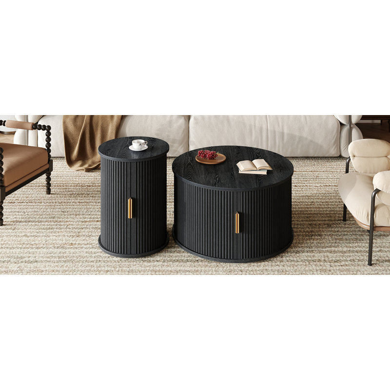 Mid-Century Coffee Table Set With Sliding Tambour Door, Round Fluted End Table With Storage, Golden Handle Tall & Low Side Table For Living Room, Set Of Two