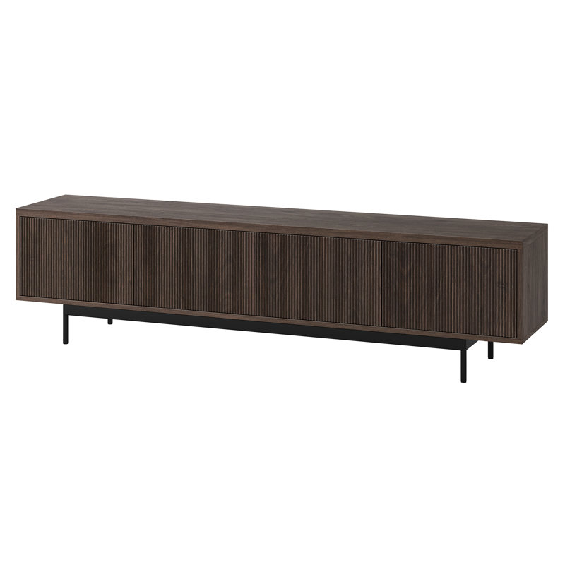 Meuble télé 75 po pour téléviseur de 85 po ou moins avec portes cannelées, rangement et gestion des câbles - Console média de salon Mid-Century moderne en aulne brun | Whitman