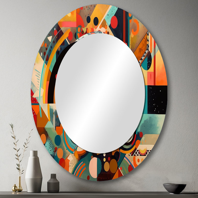 Odeth Orange And Blue Geometric Vibrations I - Geometric Decorative Mirror, Modern Wall Mirror, Printed Metal Art, 36" x 24"