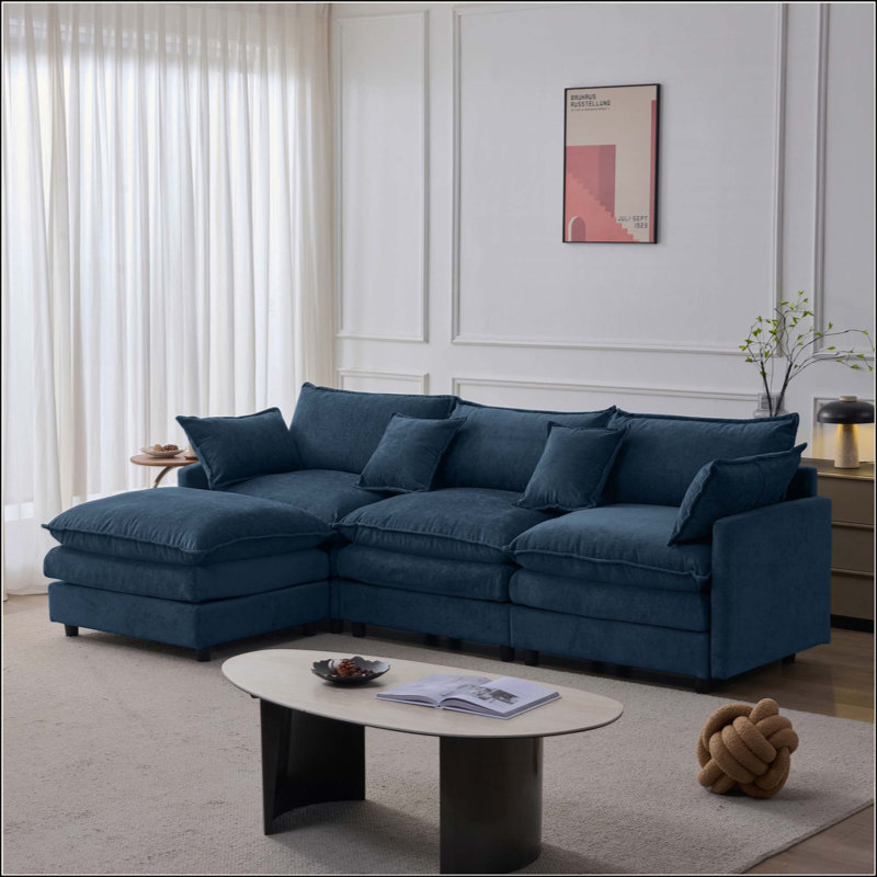 Canapé modulaire modulaire en L de 105 po avec canapé 3 places en chenille souple et repose-pieds assorti pour salon, Bleu