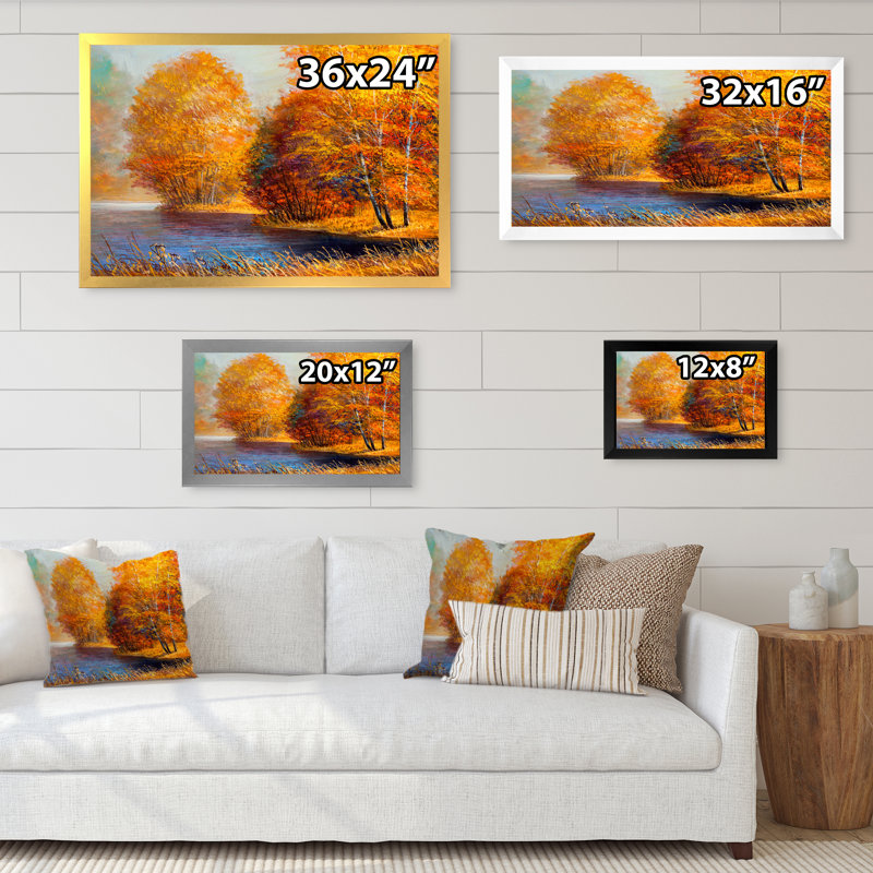 Autumn Lake Birch Wood - reproduction de cadre flottant sur toile, H 8 po x l 12 po x P 1 po, Cadre photo noir