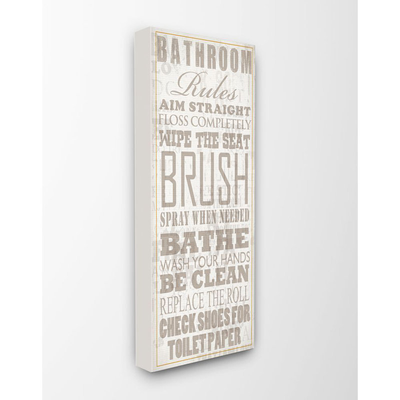 «Bathroom Rules Tan and White Distress Overlay» par Jim Baldwin - impression d'art textuel, Toile tendue