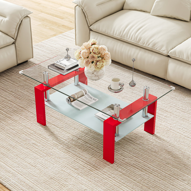 Table basse 37,2 po en verre, table basse en verre trempé avec rangement à 2 niveaux et structure en métal, Red