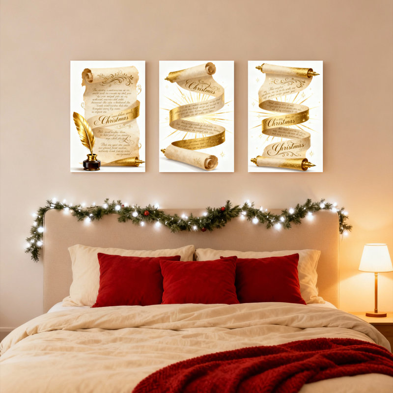Rouleau de Noël doré avec plume d'oie pliée, art mural rétro, impression élégante des Fêtes (ensemble de 3)