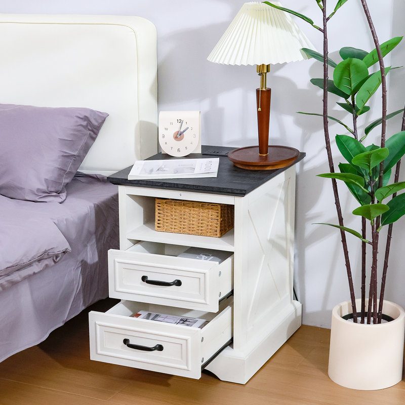 End Table With Drawer And Charging, White/Gray