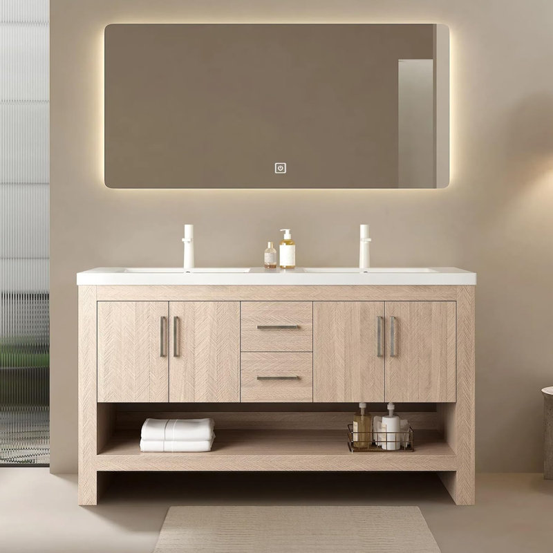 Meuble-lavabo autoportant 60 po avec double lavabo 60 po, 2 tiroirs et 4 portes, pré-assemblé
