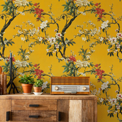 Rouleau de papier peint floral jaune
