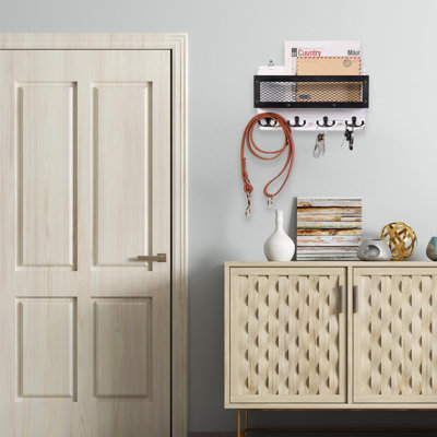Porte-courrier et porte-clés pour décoration murale, porte-clés mural en bois avec 4 crochets à clés doubles, décoration rustique pour entrée, blanc