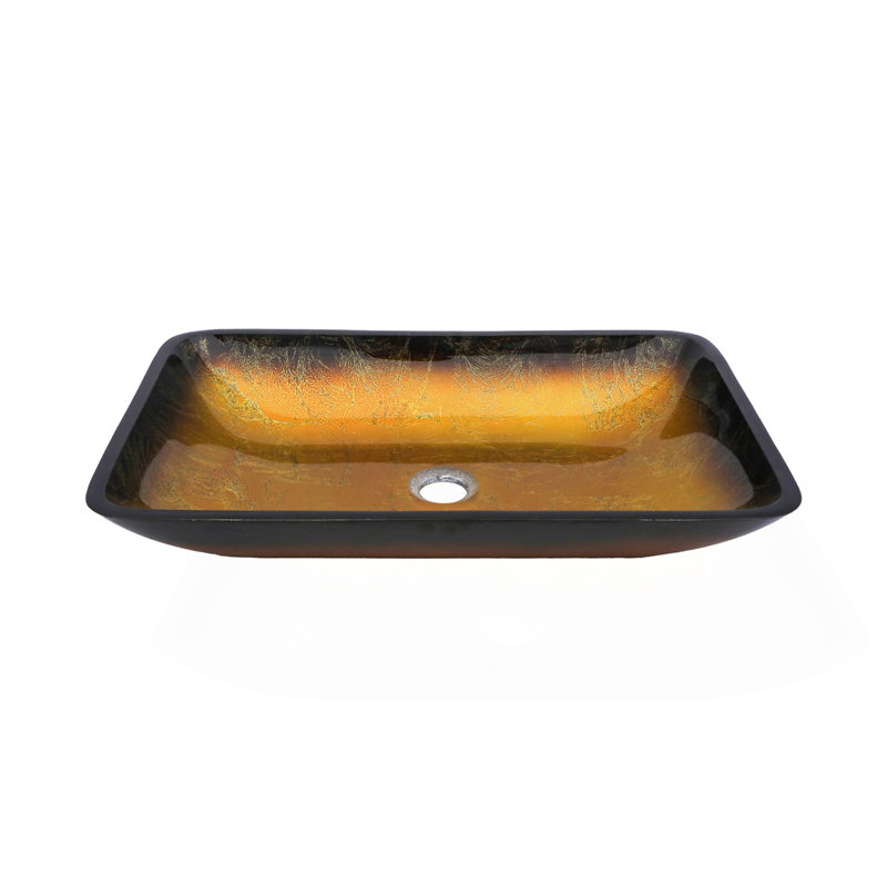 Bathroom Vessel Sink Above Counter Amber Gold Gradient Tempered Glass Bowl Square Sink For Bathroom, Tempered Glass Vessel Sink With Pop-Up Drain (No Faucet)(Includes Only The Bathroom Sink)
