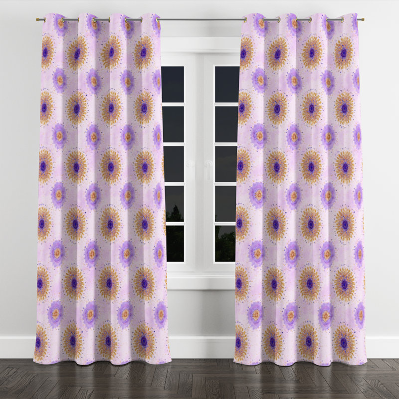 Abstract Curtains for bedroom - Modern Purple And Gold Boho Mandala Grommet Curtain - 1 Panel, Gold Grommets, 52" W x 84" L