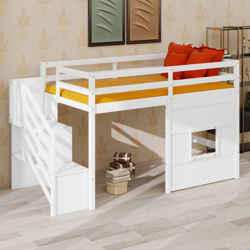 Space-Saving Loft Bed Featuring  Decorative Window, White