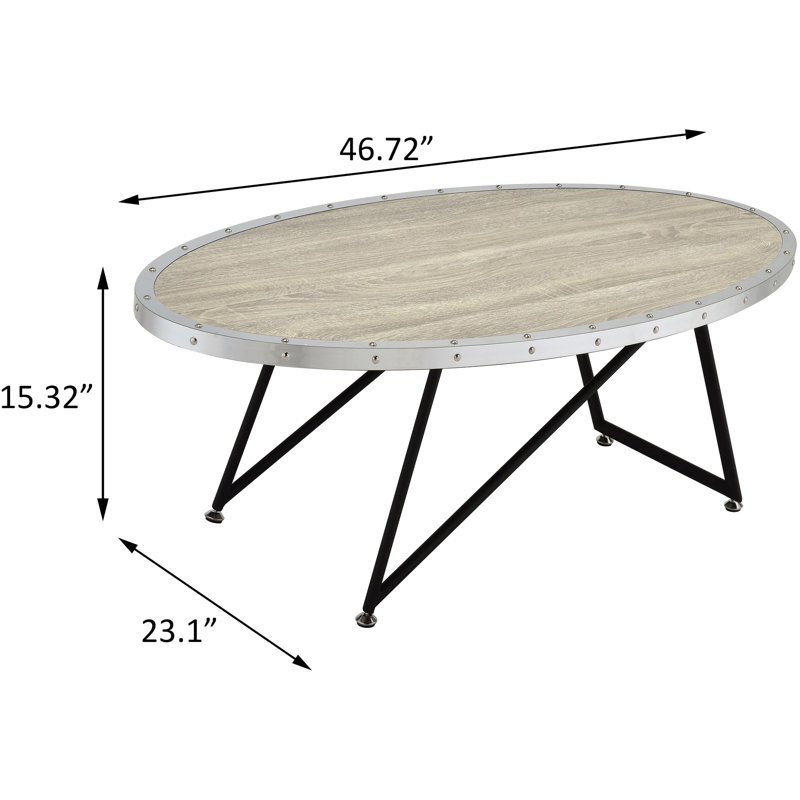 Table basse ovale de conception industrielle avec système de support de pieds en métal fini chêne gris patiné et éléments noirs