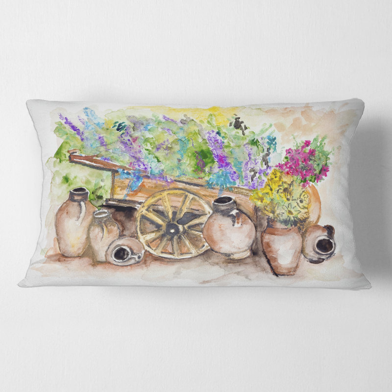 Rectangle, fleurs de lavande sur un chariot antique - coussin décoratif traditionnel
