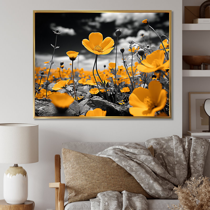 Jaune, jaune, doré, boutons d'or, noir et blanc, impression sur toile encadrée, H 20 po x l 12 po x P 1 po, Or