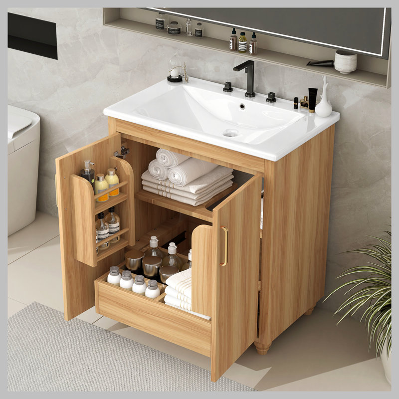 Meuble-lavabo 30 po avec lavabo, armoire de salle de bain multifonctionnelle avec portes et tiroir, panneau de fibres à densité moyenne, naturel