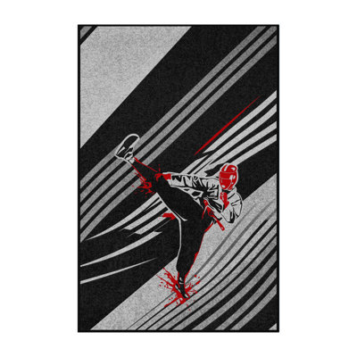Machine Washable Hambrook Taekwondo Kick Sleek & Chic Modern Arc Rug in Black – Black Binding
