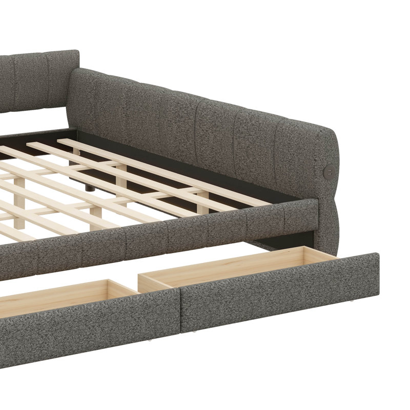 King-Size Upholstered Platform Bed With USB Port And Double Drawers, Gray