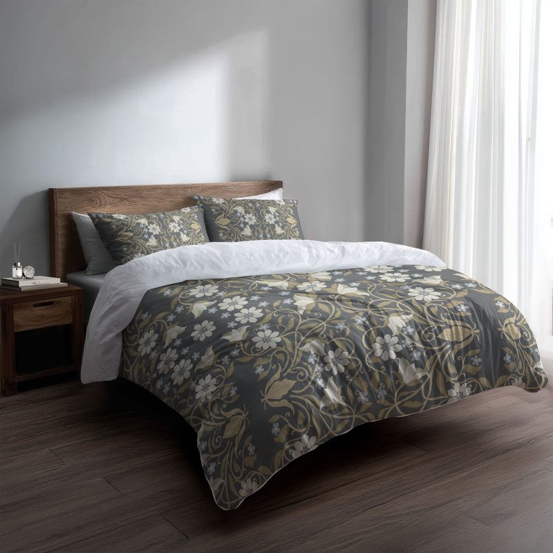 Ensemble d'édredon léger Colette, Édredon grand + 2 taies d'oreiller standard, Floral gris anthracite