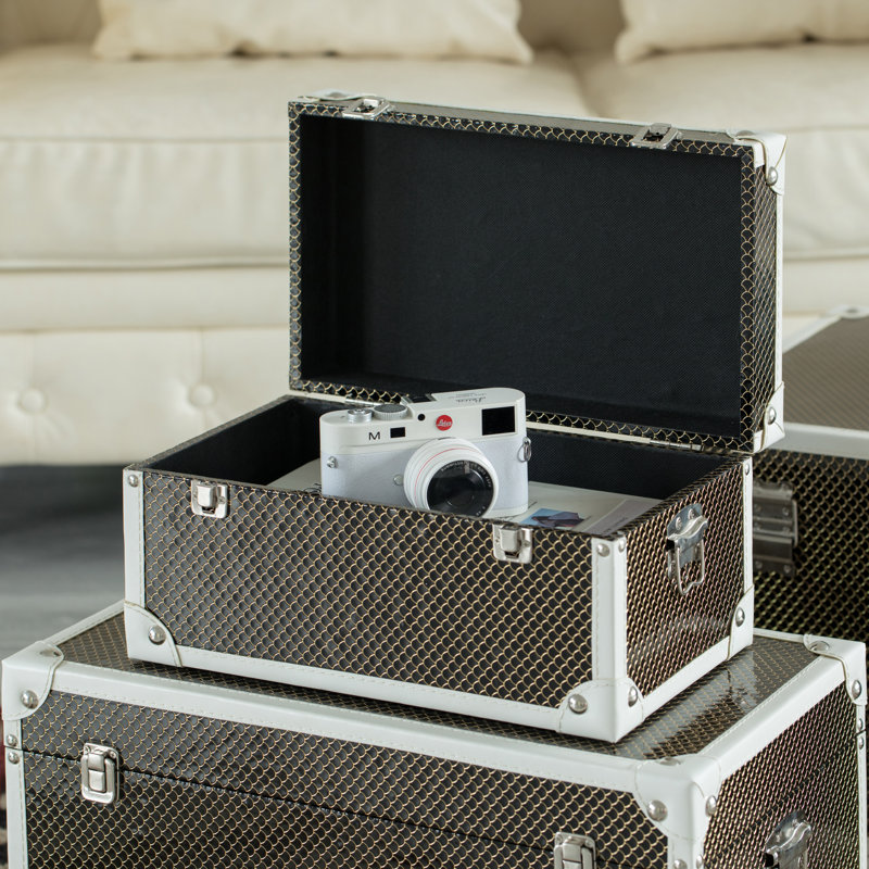 Black Faux Leather and Metal Storage Trunk Set of 3
