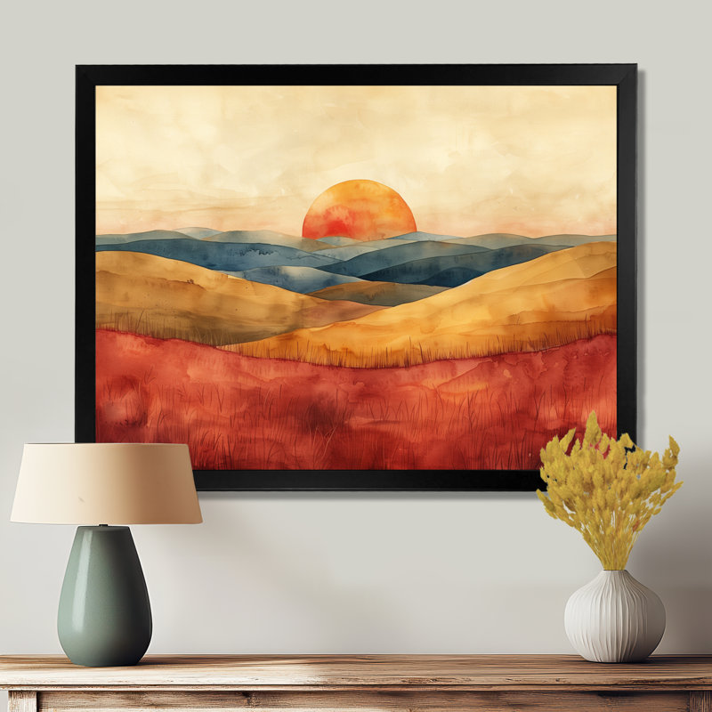 Décoration murale rouge et jaune montagne abstraite - campagne, H 12 po x l 20 po, Cadre simple noir, bois massif