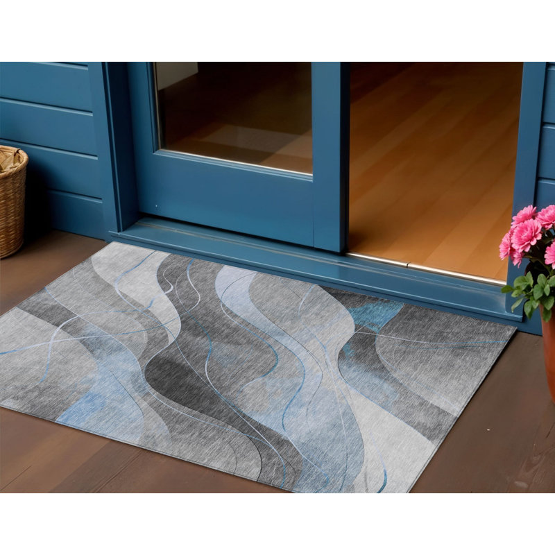3' X 5' Sky Blue Gray And Silver Abstract Washable Indoor Outdoor Area Rug