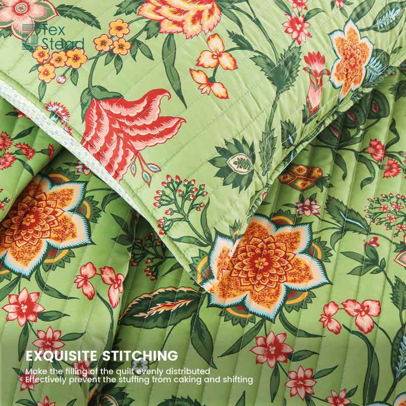 Ensemble de couvre-lit matelassé à motif floral vert avec taies décoratives, ensemble d'édredon léger toutes saisons - 90 po