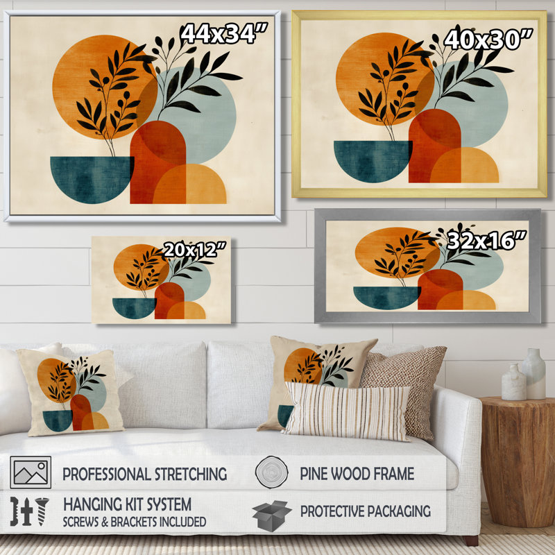 «Blue and Orange Boho Minimalist Geometric Plant - Botanicals, impressions encadrées, art mural sur toile botanique bleu