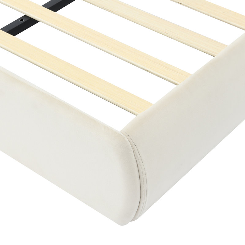 Lit plateforme tapissier avec oreilles dessinées et tête de lit légère, Complète, Beige