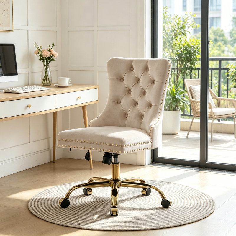 Desk Chair Swivel Office Chair With Wheels And Nailhead Trim, Beige