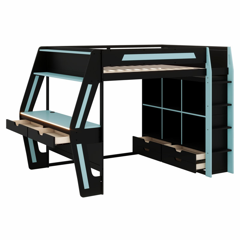 Smart RGB LED Loft Bed with Desk, USB Ports, 6 Cubbies, 6 Drawers, Black+Blue