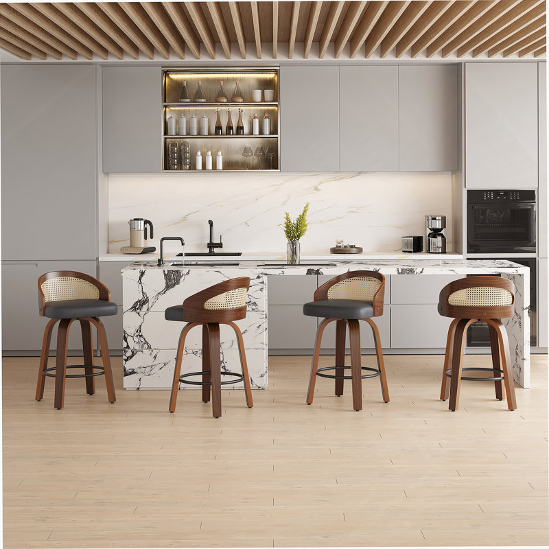 Ensemble de 2 tabourets pivotants, structure en bois moderne avec dossier en rotin, cuir PU pour comptoir de cuisine, tabourets de bar rembourrés avec repose-pieds Mid-Century