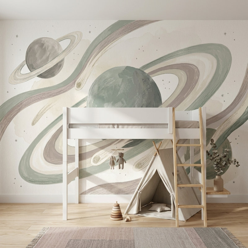 Papier peint céleste avec espace Ringed Planets, 140 po x 108 po, Peler et coller