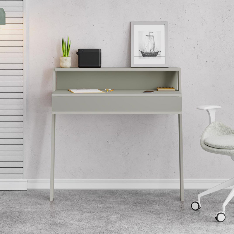 Cowork Modern Desk Dark Oak Wall Mounted With Drawer, Green